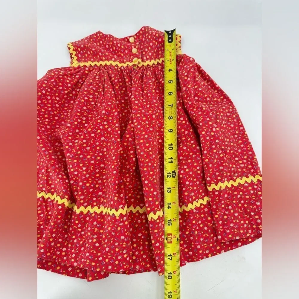 Vintage Handmade Girls Red Floral Dress 18–24M Yellow Rickrack Trim